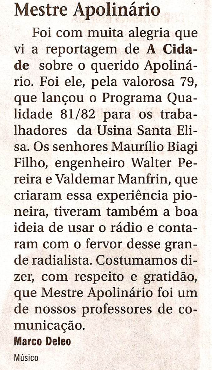 JORNAL A CIDADE - MESTRE APOLINRIO - POR MARCO DELEO